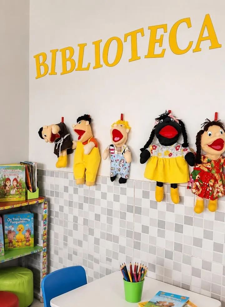 Cantinho da biblioteca da Escola Lapidar, com fantoches, livros e mesa infantil