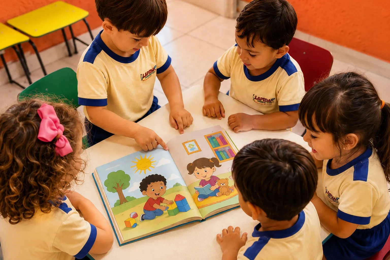 Crianças da Escola Lapidar, de uniforme, lendo um livro juntas ao redor da mesa