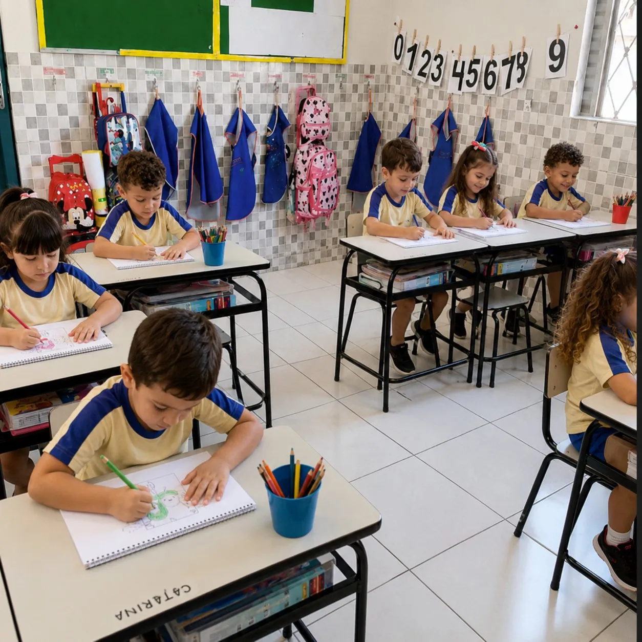 Alunos da Escola Lapidar em sala de aula, com uniforme, concentrados nas atividades